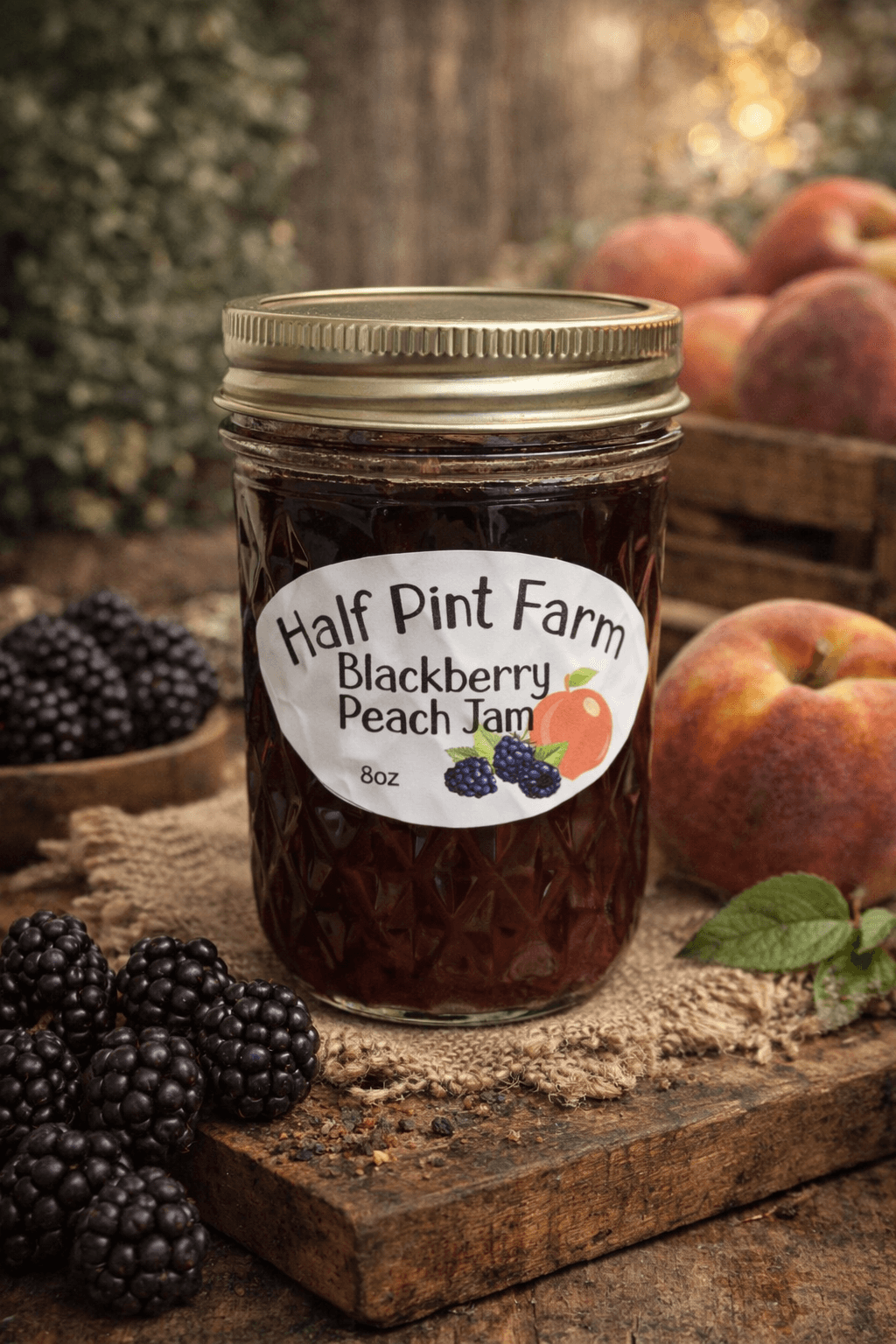 Blackberry Peach Jam - 8oz jar of our best-selling mixed fruit preserves from Half Pint Farm