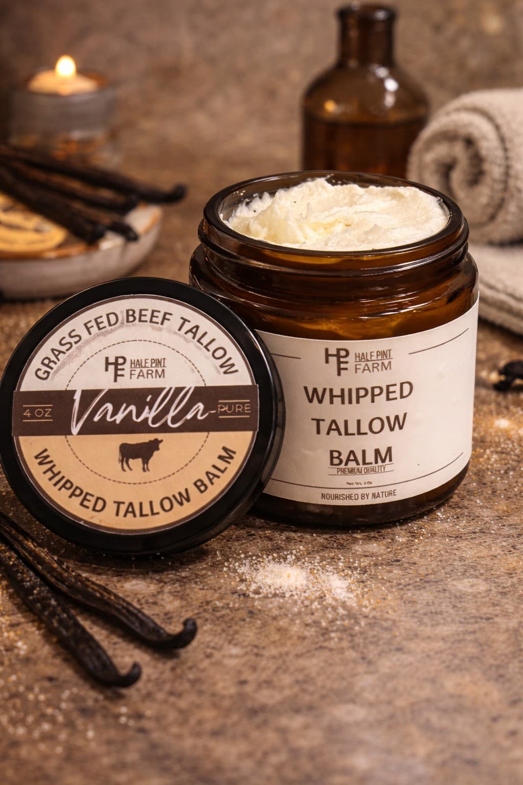 Vanilla Beef Tallow - Vanilla-scented farm-rendered beef tallow from Half Pint Farm
